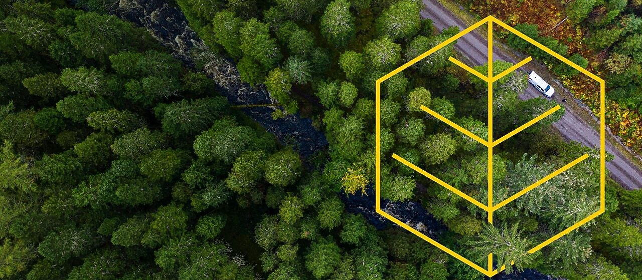 Vista aérea de un río y un camión blanco en una ruta en un bosque de pinos con un gráfico de Respetando la naturaleza